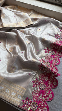 Premium Tissue Silk Banarasi Saree With Handcrafted Zardozi Zarkan Pearl Statement Border