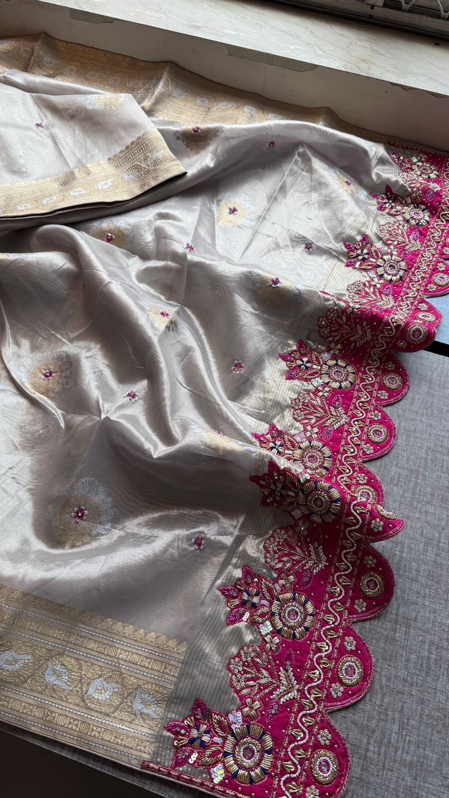 Premium Tissue Silk Banarasi Saree With Handcrafted Zardozi Zarkan Pearl Statement Border