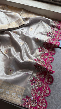Premium Tissue Silk Banarasi Saree With Handcrafted Zardozi Zarkan Pearl Statement Border