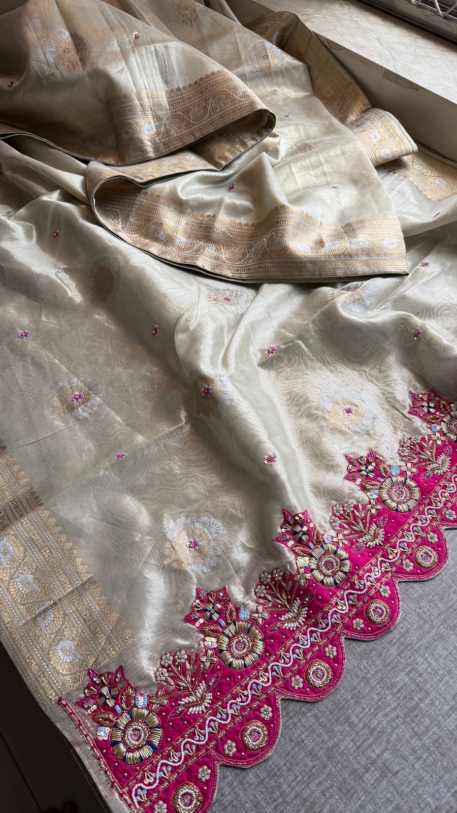 Premium Tissue Silk Banarasi Saree With Handcrafted Zardozi Zarkan Pearl Statement Border