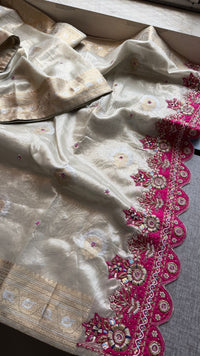 Premium Tissue Silk Banarasi Saree With Handcrafted Zardozi Zarkan Pearl Statement Border