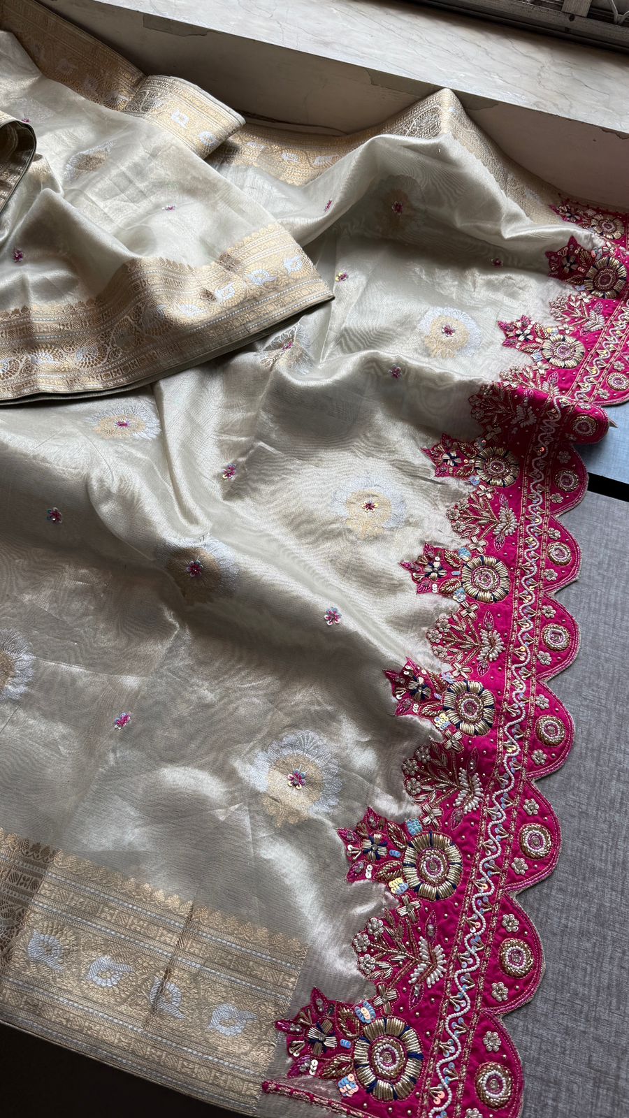 Premium Tissue Silk Banarasi Saree With Handcrafted Zardozi Zarkan Pearl Statement Border
