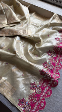 Premium Tissue Silk Banarasi Saree With Handcrafted Zardozi Zarkan Pearl Statement Border