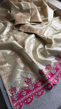 Premium Tissue Silk Banarasi Saree With Handcrafted Zardozi Zarkan Pearl Statement Border
