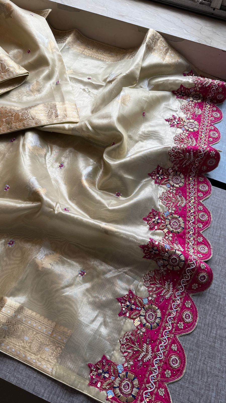 Premium Tissue Silk Banarasi Saree With Handcrafted Zardozi Zarkan Pearl Statement Border
