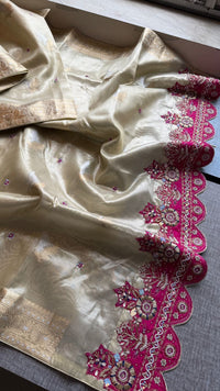 Premium Tissue Silk Banarasi Saree With Handcrafted Zardozi Zarkan Pearl Statement Border