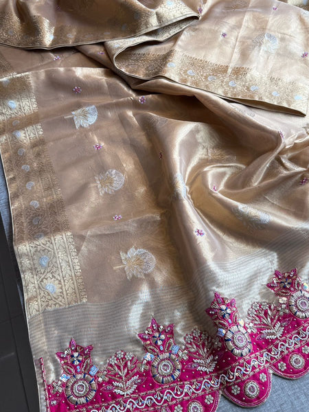 Premium Tissue Silk Banarasi Saree With Handcrafted Zardozi Zarkan Pearl Statement Border