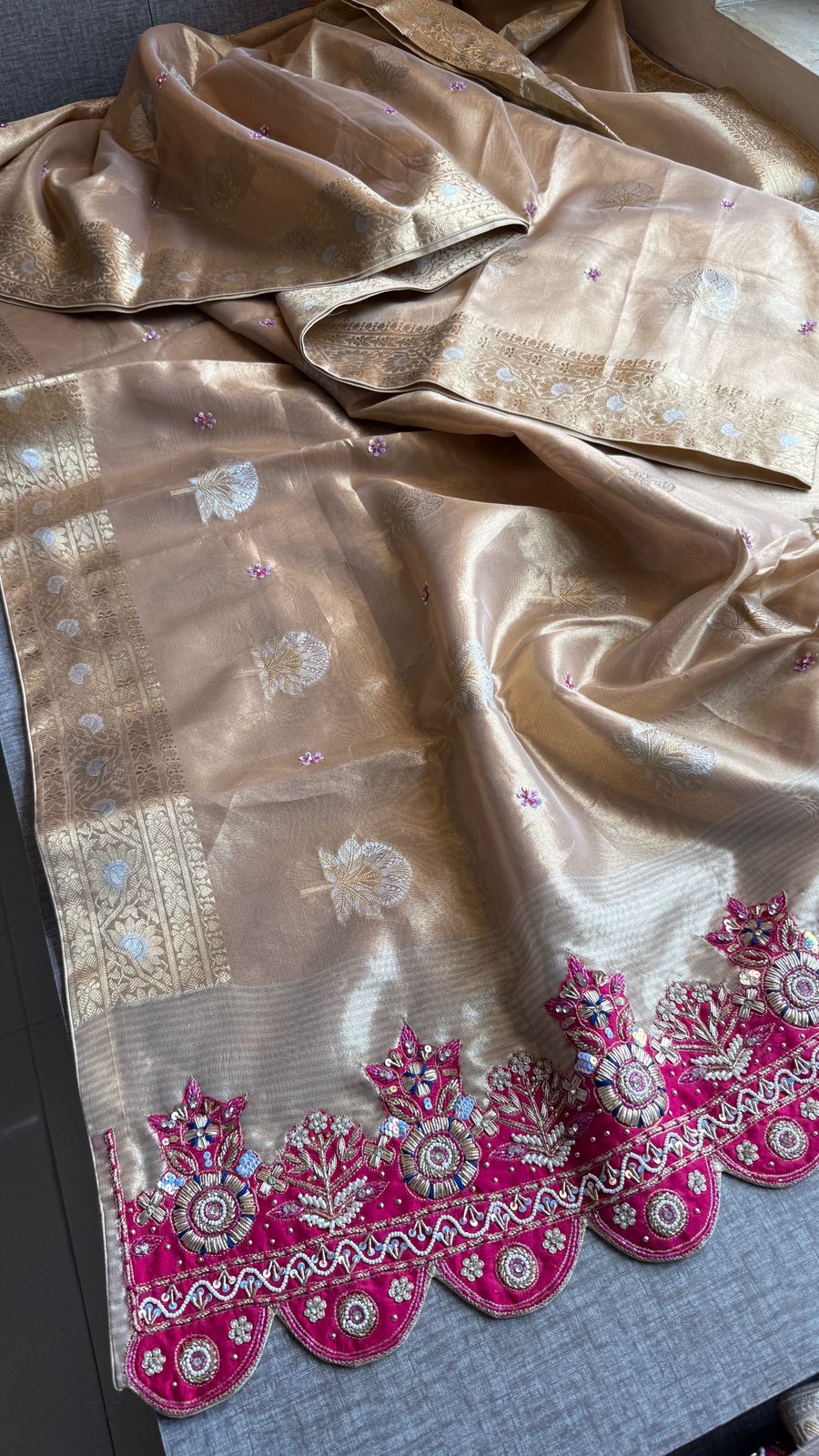 Premium Tissue Silk Banarasi Saree With Handcrafted Zardozi Zarkan Pearl Statement Border