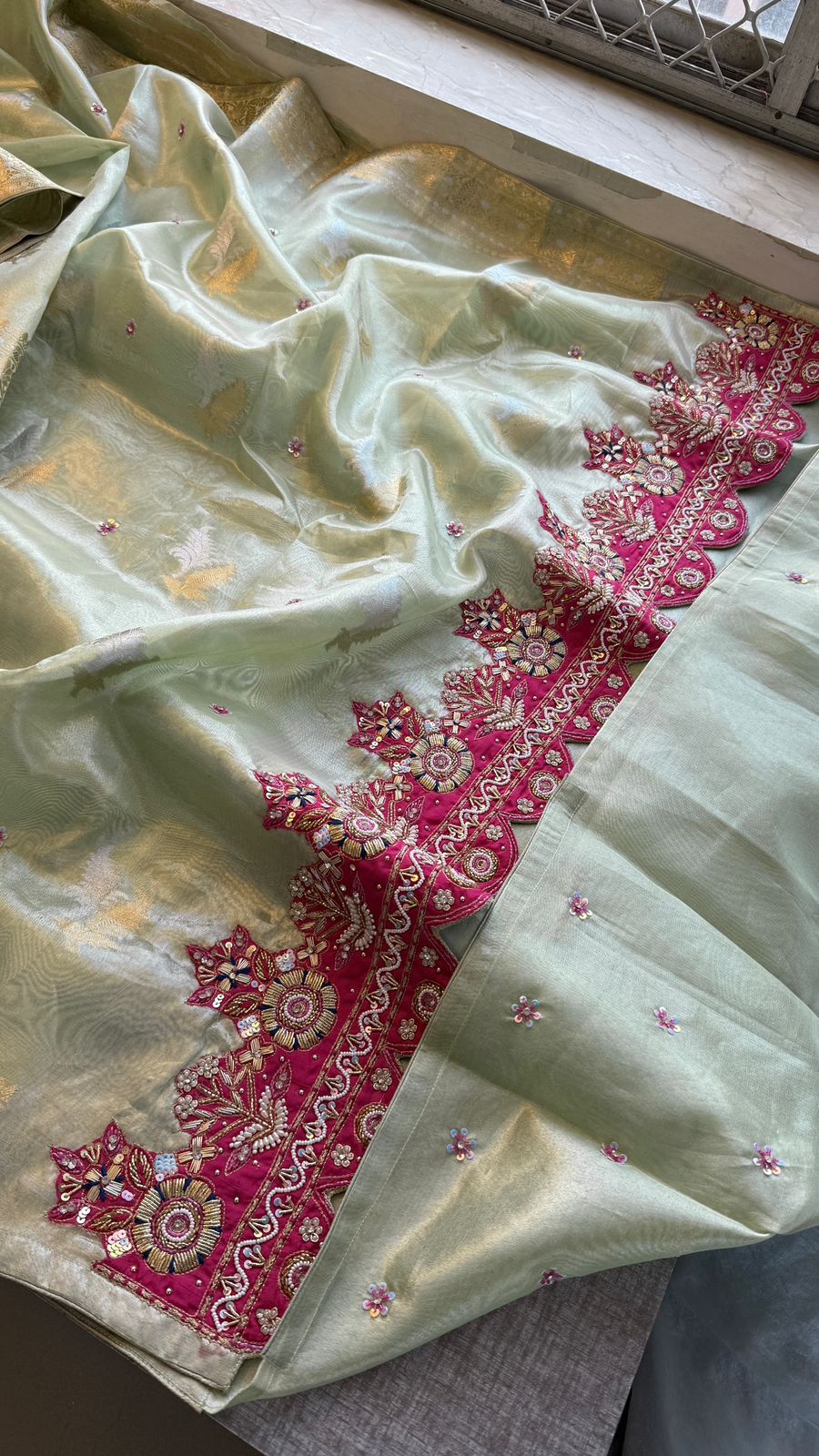 Premium Tissue Silk Banarasi Saree With Handcrafted Zardozi Zarkan Pearl Statement Border