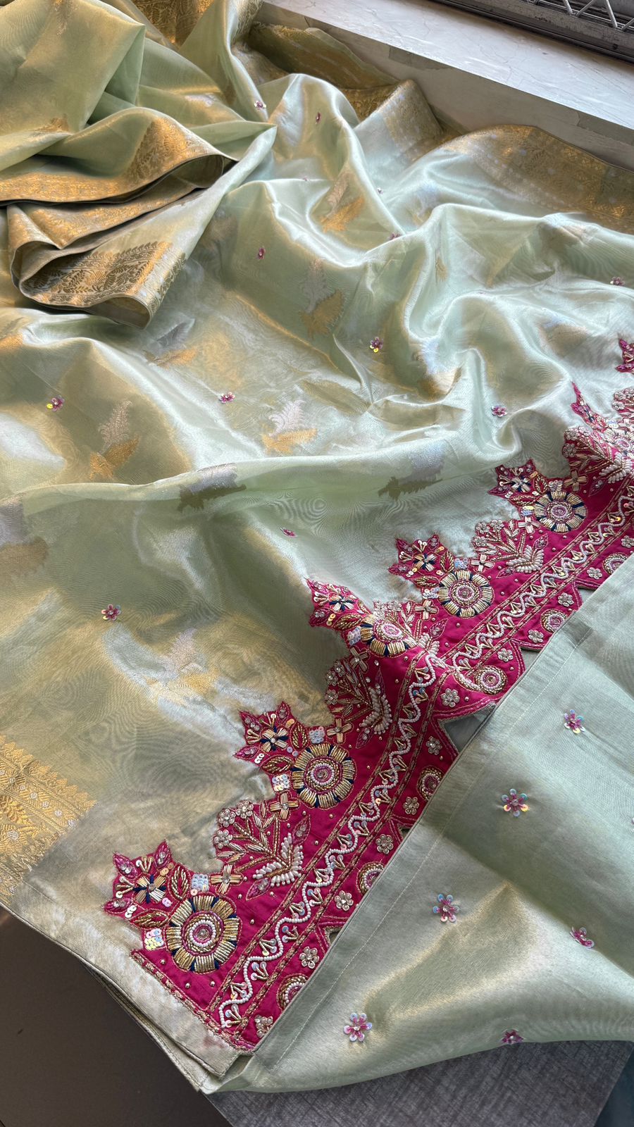 Zardozi Zarkan And Pearl On Tissue Silk Banarasi · 72 Artisan Hours of work · The Sunehri Edit