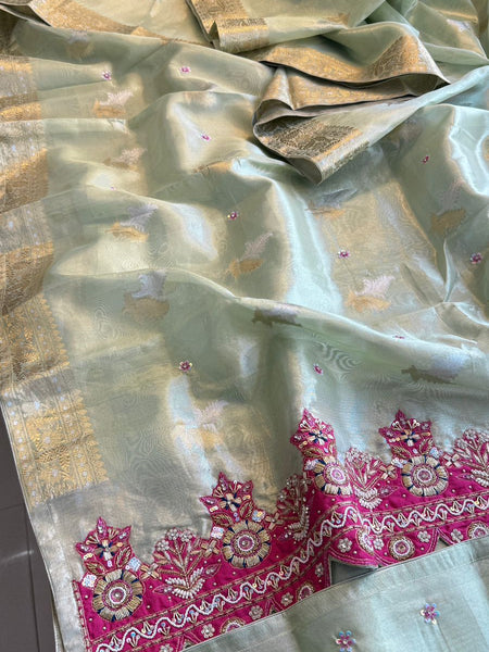 Premium Tissue Silk Banarasi Saree With Handcrafted Zardozi Zarkan Pearl Statement Border
