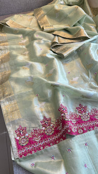 Premium Tissue Silk Banarasi Saree With Handcrafted Zardozi Zarkan Pearl Statement Border