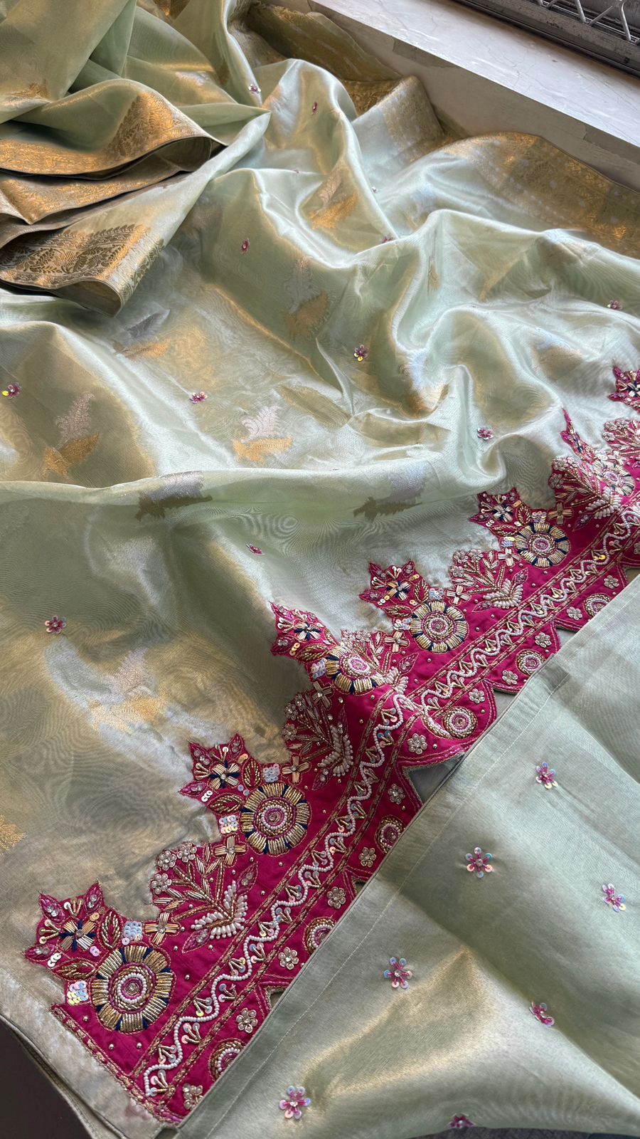 Premium Tissue Silk Banarasi Saree With Handcrafted Zardozi Zarkan Pearl Statement Border