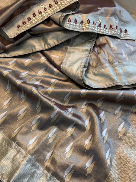 Elegant Tissue Silk Banarasi Saree With Handcrafted Zardozi Gotapatti Pearl Border Detailing