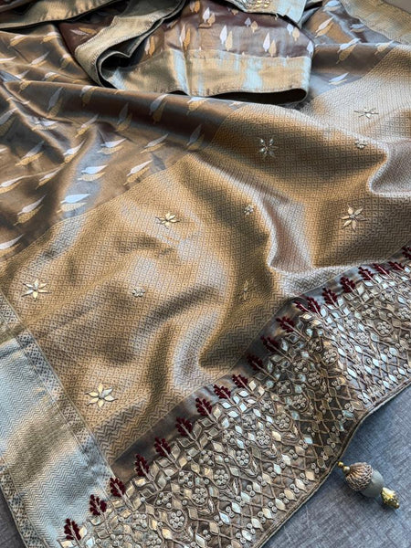 Elegant Tissue Silk Banarasi Saree With Handcrafted Zardozi Gotapatti Pearl Border Detailing