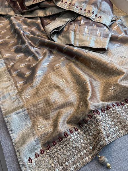 Elegant Tissue Silk Banarasi Saree With Handcrafted Zardozi Gotapatti Pearl Border Detailing