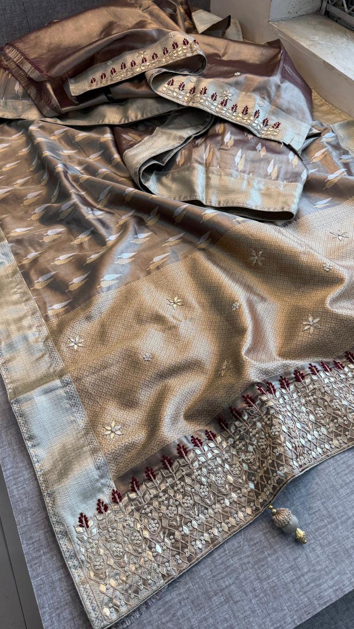 Elegant Tissue Silk Banarasi Saree With Handcrafted Zardozi Gotapatti Pearl Border Detailing