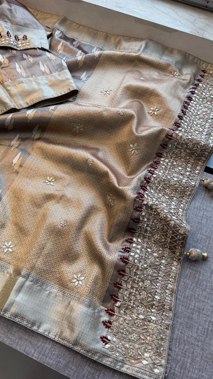 Elegant Tissue Silk Banarasi Saree With Handcrafted Zardozi Gotapatti Pearl Border Detailing