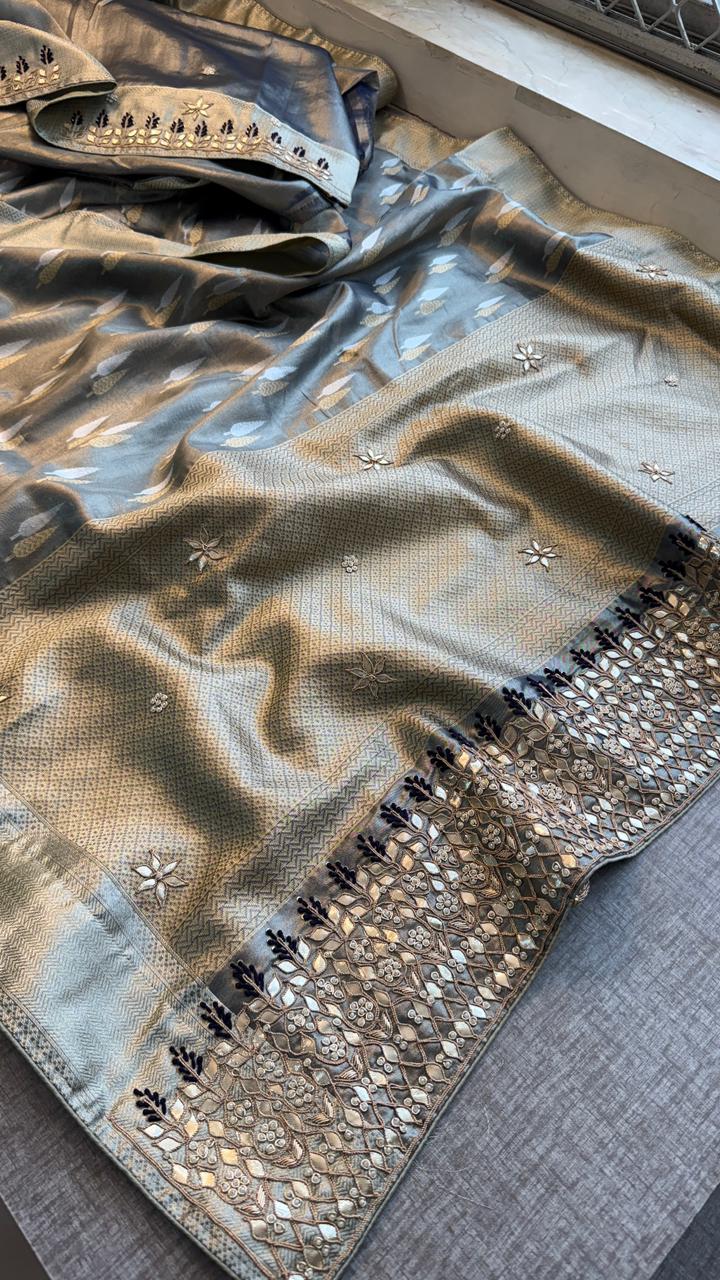 Elegant Tissue Silk Banarasi Saree With Handcrafted Zardozi Gotapatti Pearl Border Detailing