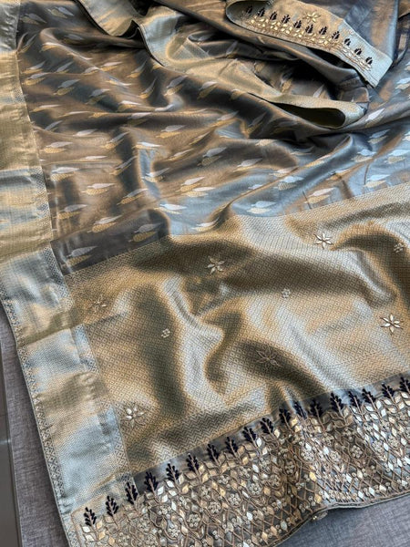 Elegant Tissue Silk Banarasi Saree With Handcrafted Zardozi Gotapatti Pearl Border Detailing