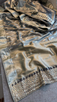 Elegant Tissue Silk Banarasi Saree With Handcrafted Zardozi Gotapatti Pearl Border Detailing