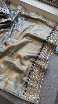 Elegant Tissue Silk Banarasi Saree With Handcrafted Zardozi Gotapatti Pearl Border Detailing