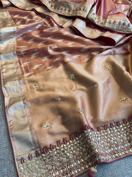 Elegant Tissue Silk Banarasi Saree With Handcrafted Zardozi Gotapatti Pearl Border Detailing
