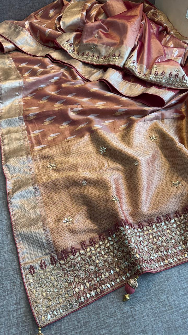 Elegant Tissue Silk Banarasi Saree With Handcrafted Zardozi Gotapatti Pearl Border Detailing