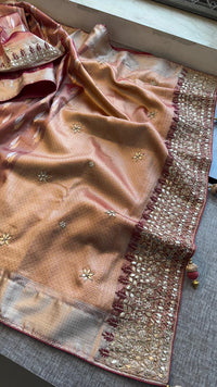 Elegant Tissue Silk Banarasi Saree With Handcrafted Zardozi Gotapatti Pearl Border Detailing