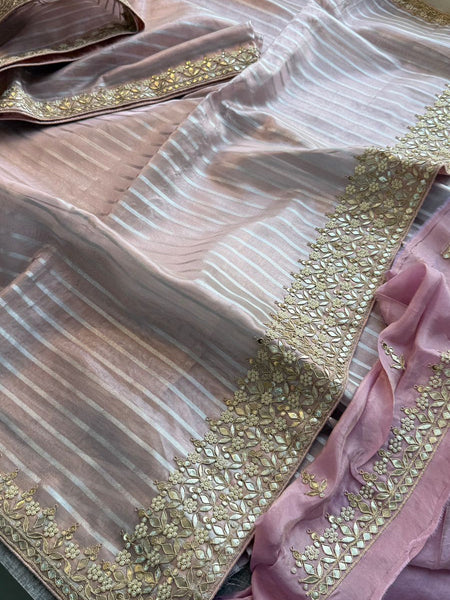 Elegant Tissue Silk Banarasi Saree With Handcrafted Zardozi Gotapatti Pearl Detailing