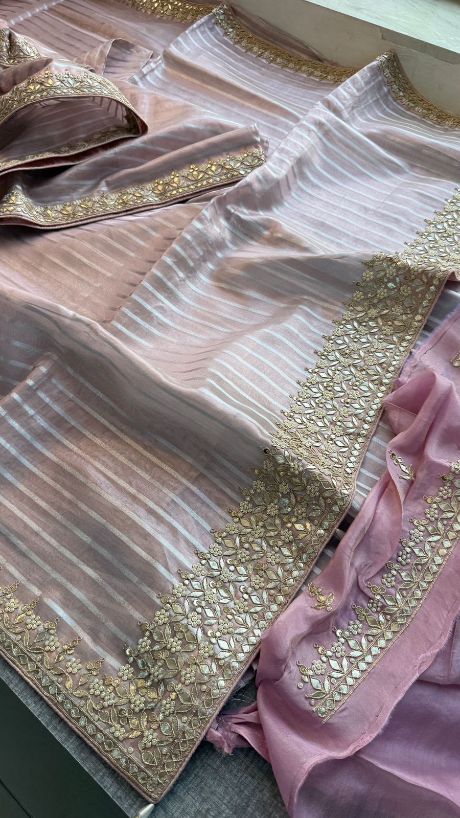 Elegant Tissue Silk Banarasi Saree With Handcrafted Zardozi Gotapatti Pearl Detailing