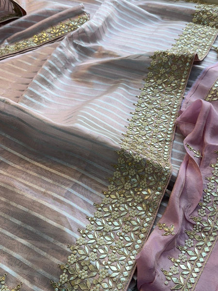 Elegant Tissue Silk Banarasi Saree With Handcrafted Zardozi Gotapatti Pearl Detailing
