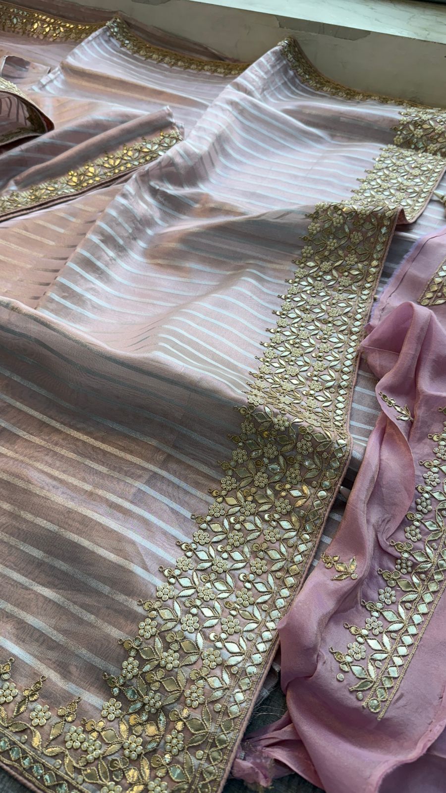 Elegant Tissue Silk Banarasi Saree With Handcrafted Zardozi Gotapatti Pearl Detailing
