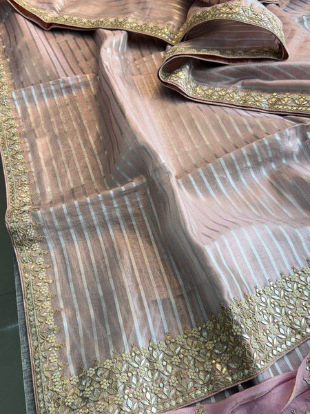Elegant Tissue Silk Banarasi Saree With Handcrafted Zardozi Gotapatti Pearl Detailing