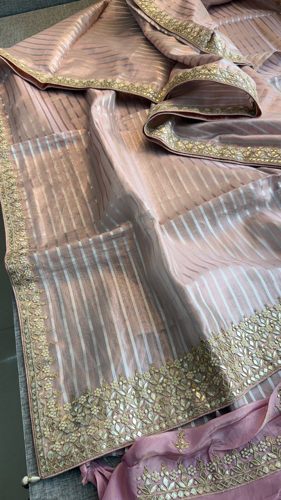 Elegant Tissue Silk Banarasi Saree With Handcrafted Zardozi Gotapatti Pearl Detailing