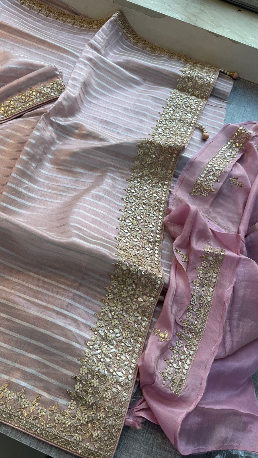 Elegant Tissue Silk Banarasi Saree With Handcrafted Zardozi Gotapatti Pearl Detailing