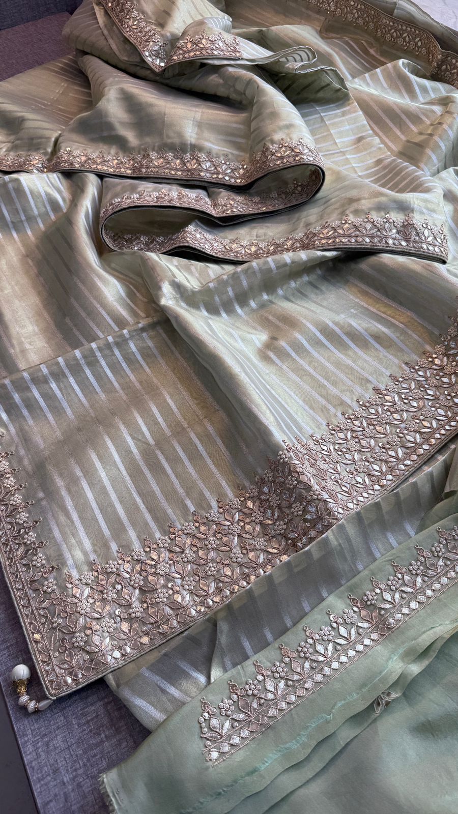 Elegant Tissue Silk Banarasi Saree With Handcrafted Zardozi Gotapatti Pearl Detailing