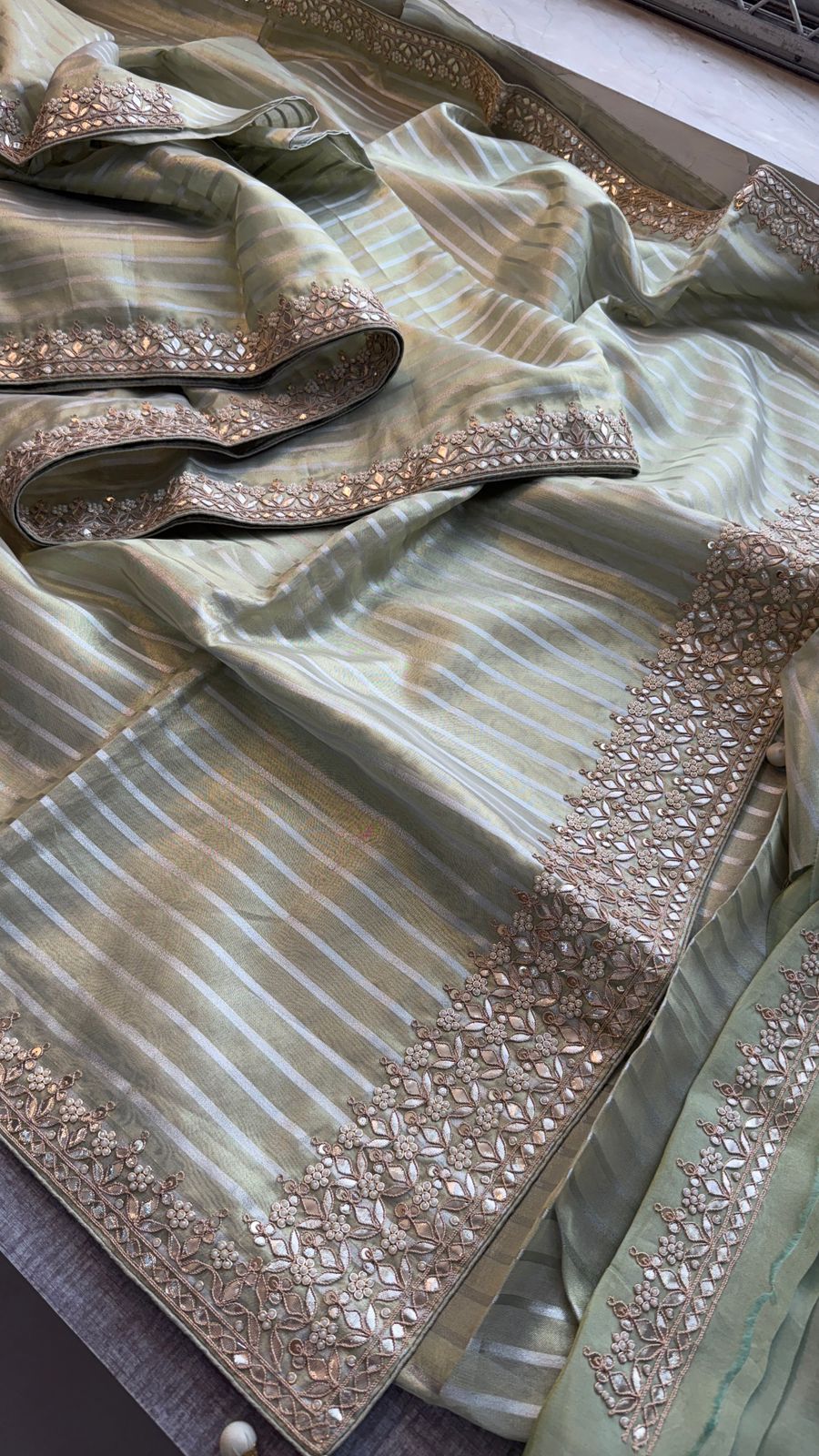 Elegant Tissue Silk Banarasi Saree With Handcrafted Zardozi Gotapatti Pearl Detailing