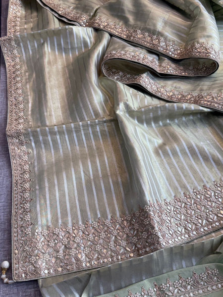 Elegant Tissue Silk Banarasi Saree With Handcrafted Zardozi Gotapatti Pearl Detailing