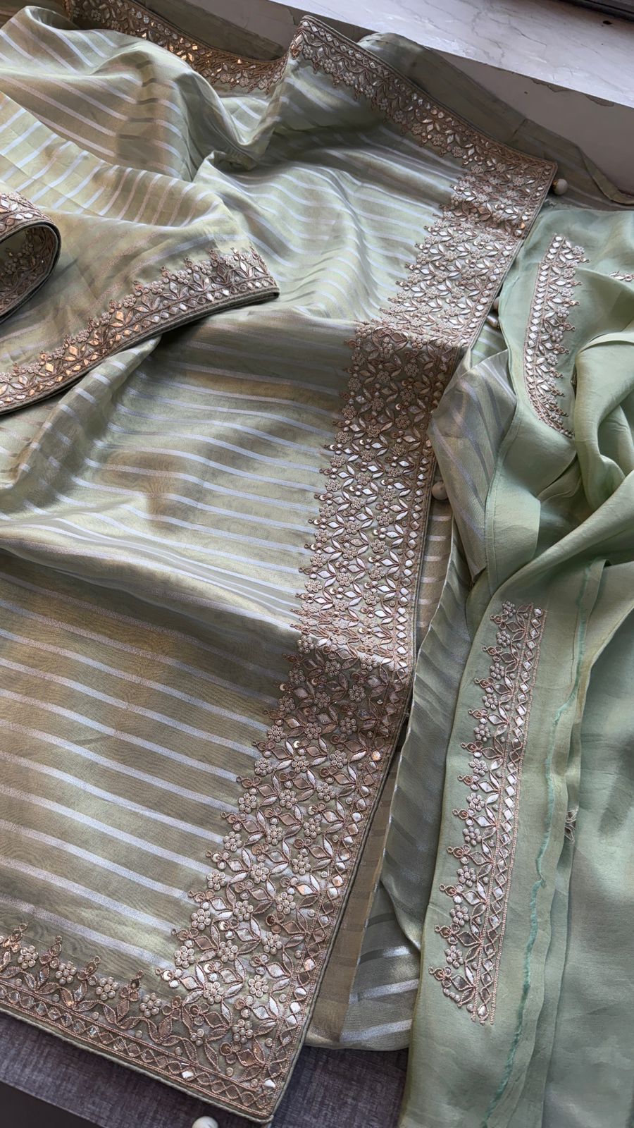 Elegant Tissue Silk Banarasi Saree With Handcrafted Zardozi Gotapatti Pearl Detailing