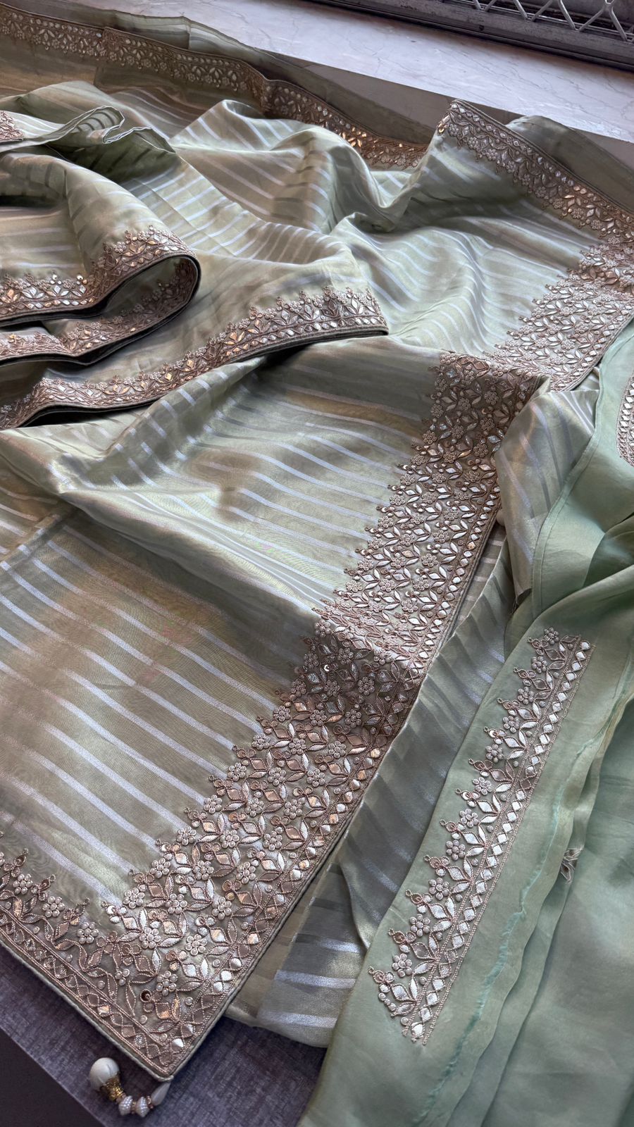 Elegant Tissue Silk Banarasi Saree With Handcrafted Zardozi Gotapatti Pearl Detailing
