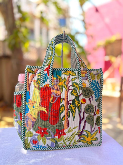 Quilted Printed Lunch Box Hand Bag With Bottle Pocket And Zip Closure