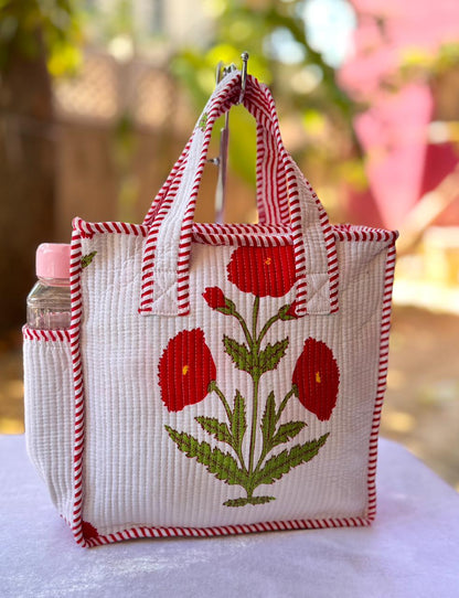 Quilted Printed Lunch Box Hand Bag With Bottle Pocket And Zip Closure