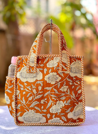 Quilted Printed Lunch Box Hand Bag With Bottle Pocket And Zip Closure