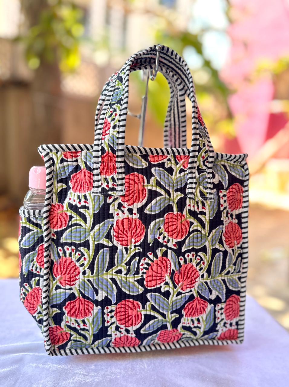 Quilted Printed Lunch Box Hand Bag With Bottle Pocket And Zip Closure