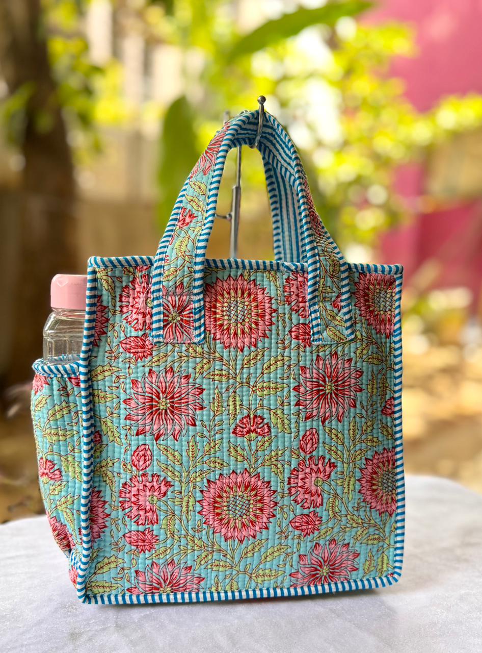 Quilted Printed Lunch Box Hand Bag With Bottle Pocket And Zip Closure