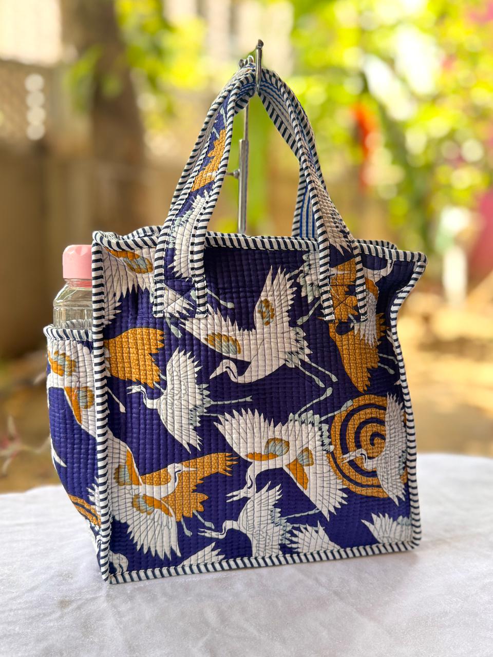 Quilted Printed Lunch Box Hand Bag With Bottle Pocket And Zip Closure