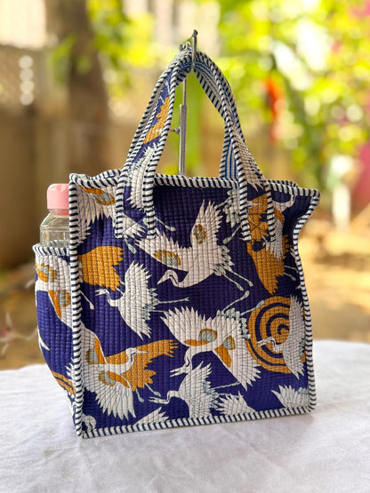 Quilted Printed Lunch Box Hand Bag With Bottle Pocket And Zip Closure