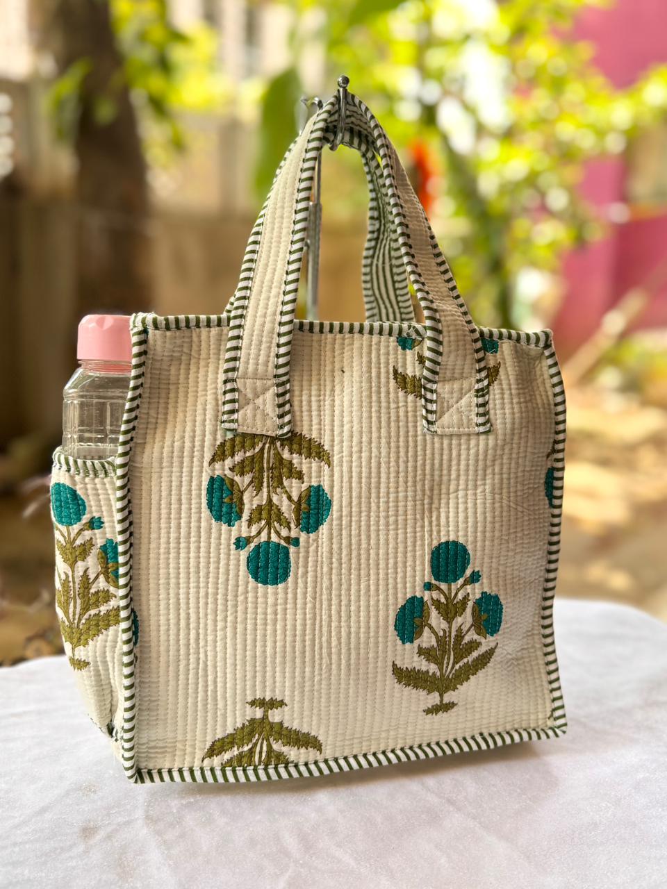 Quilted Printed Lunch Box Hand Bag With Bottle Pocket And Zip Closure