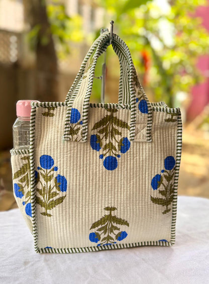 Quilted Printed Lunch Box Hand Bag With Bottle Pocket And Zip Closure
